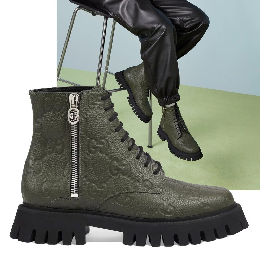 GUCCI BOOTS MENS ANKLE GREEN GG LOGO LEATHER ZIPPER LACE-UP sz 10 10.5